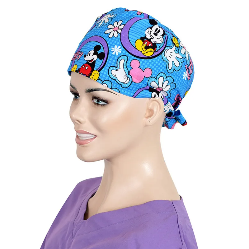 Фиолетовый медицинский чехол, Женская медицинская шляпа с принтом, хирургические скрабы, шапка ручной работы, хлопок, с повязкой, патологи, рабочие шапки - Цвет: mouse blue cap