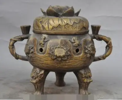 

S5575 Folk China Bronze Lion Head Jump Frog lotus flower Statue Incense Burner Censer