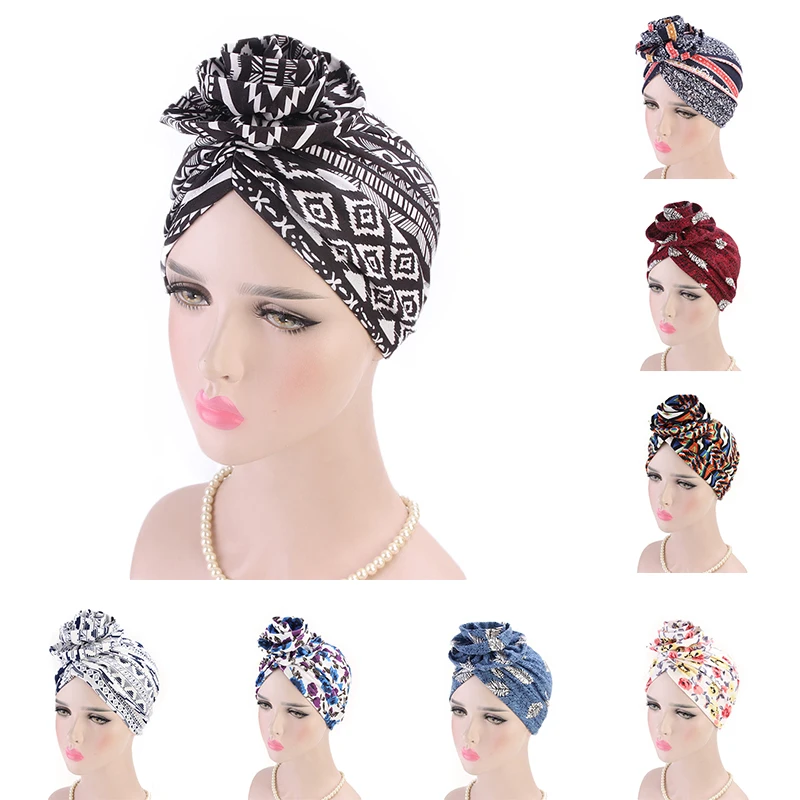Модные женские туфли мусульманская шляпа в стиле ретро с цветочным узором тюрбан головной убор рака шапка Хемо шарф Обёрточная бумага