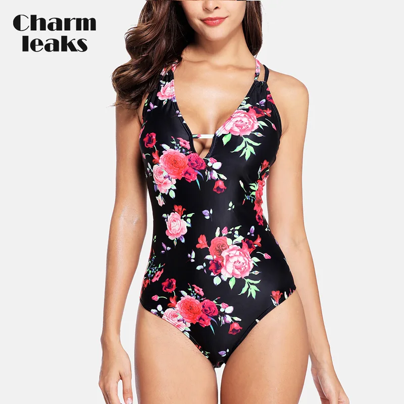 Charmleaks Женский сдельный купальник с v-образным вырезом, купальник с цветочным принтом, купальный костюм с перекрестной спинкой, пляжная одежда, монокини - Цвет: Flo