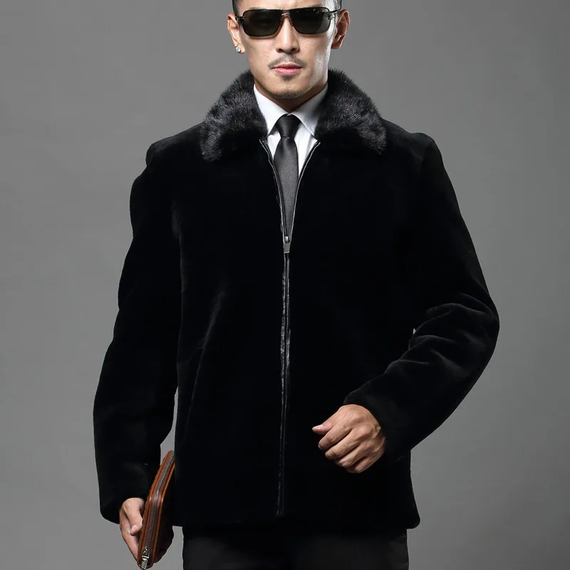 Autumn and winter men's fur coat mink fur lapel black sheep shearing ...