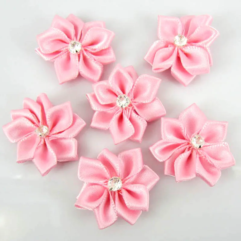 40pcs pink handmade small satin flowers fabric flower with rhinestone