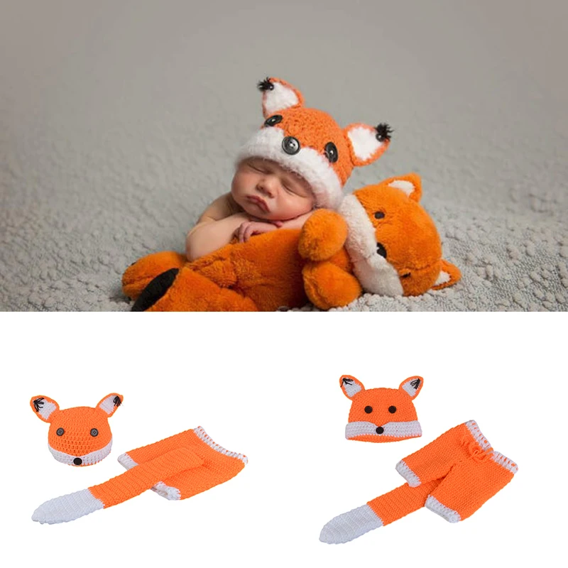 

Cute Fox Design Infant Baby Crochet Outfit Photo Props Knitted Newborn Babies Animal Costume Handmade Baby Photo Clohitng Unisex