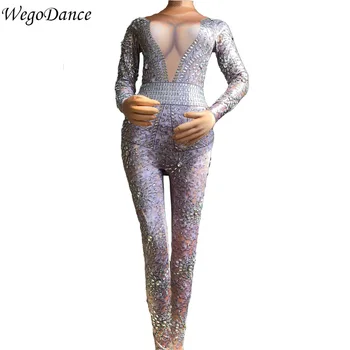 

new Sparkling Crystals 3D printing woman jumpsuit Club Party DJ costumes Jazz performance Modern dance show outfit for singer