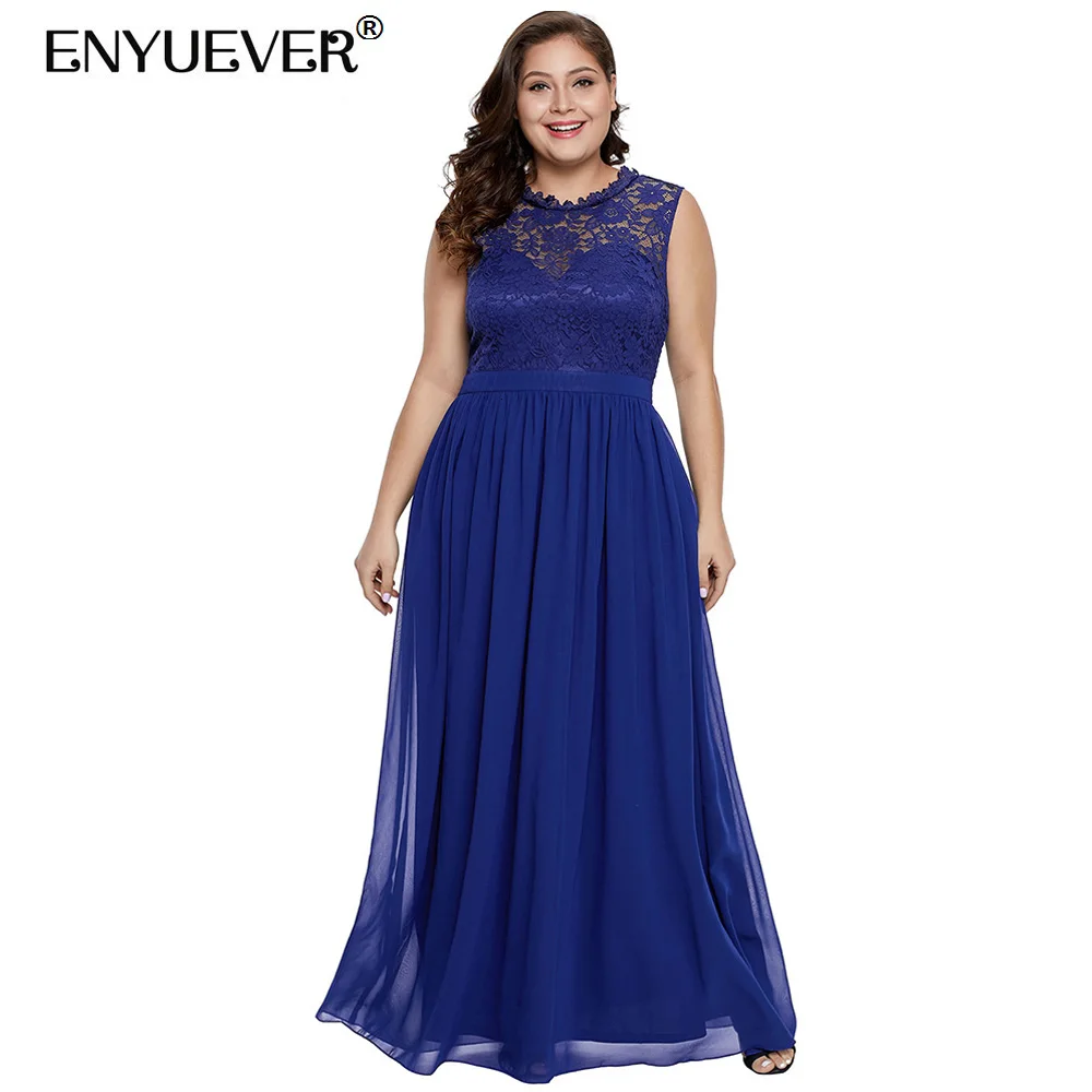 Enyuever Royal Blue Formal Dress Plus Size Women Summer Lace Chiffon