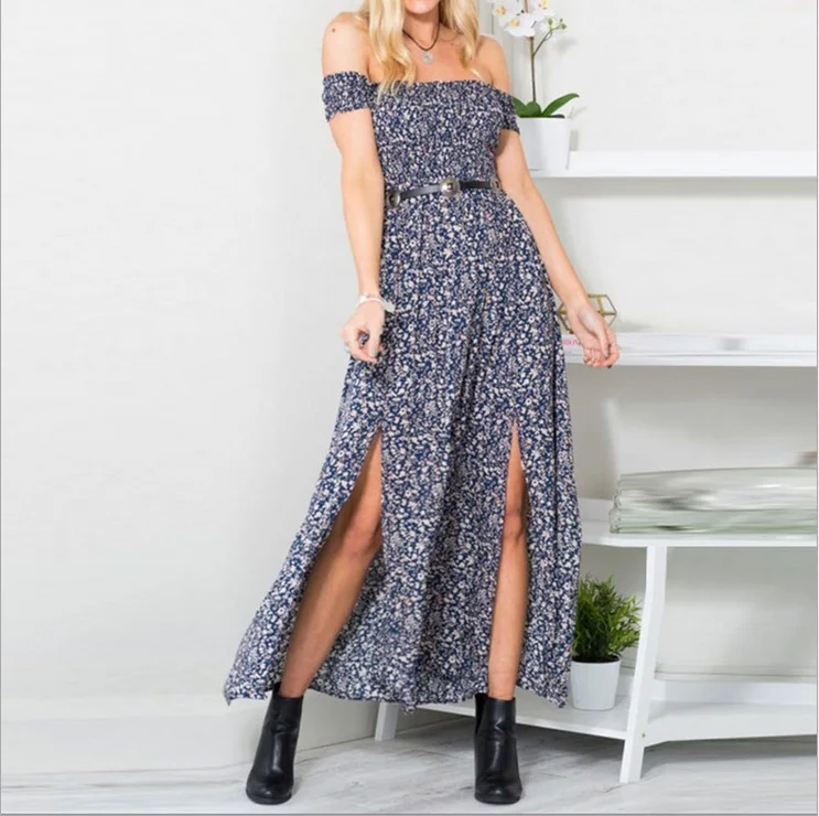 

Sexy Strapless Beach Summer Dress Sundresses Vintage Bohemian Maxi Dress Robe Femme Boho Floral Women Split Long Dresses Vestido
