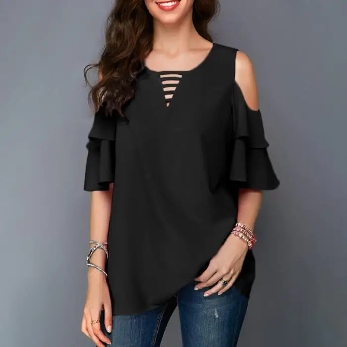 

Women Blouses 2019 Summer Fashion Hollow Out Flare Sleeve V-neck Office Shirt Chiffon Blouse Shirt Casual Tops Plus Size 5XL