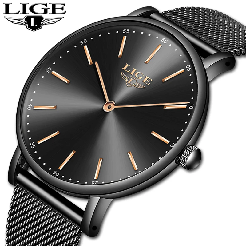 Женские Модные кварцевые часы 30ATM LIGE, брендовые роскошные черные золотые сетчатые часы с ремешком, женские часы, подарки, Relogio Feminino