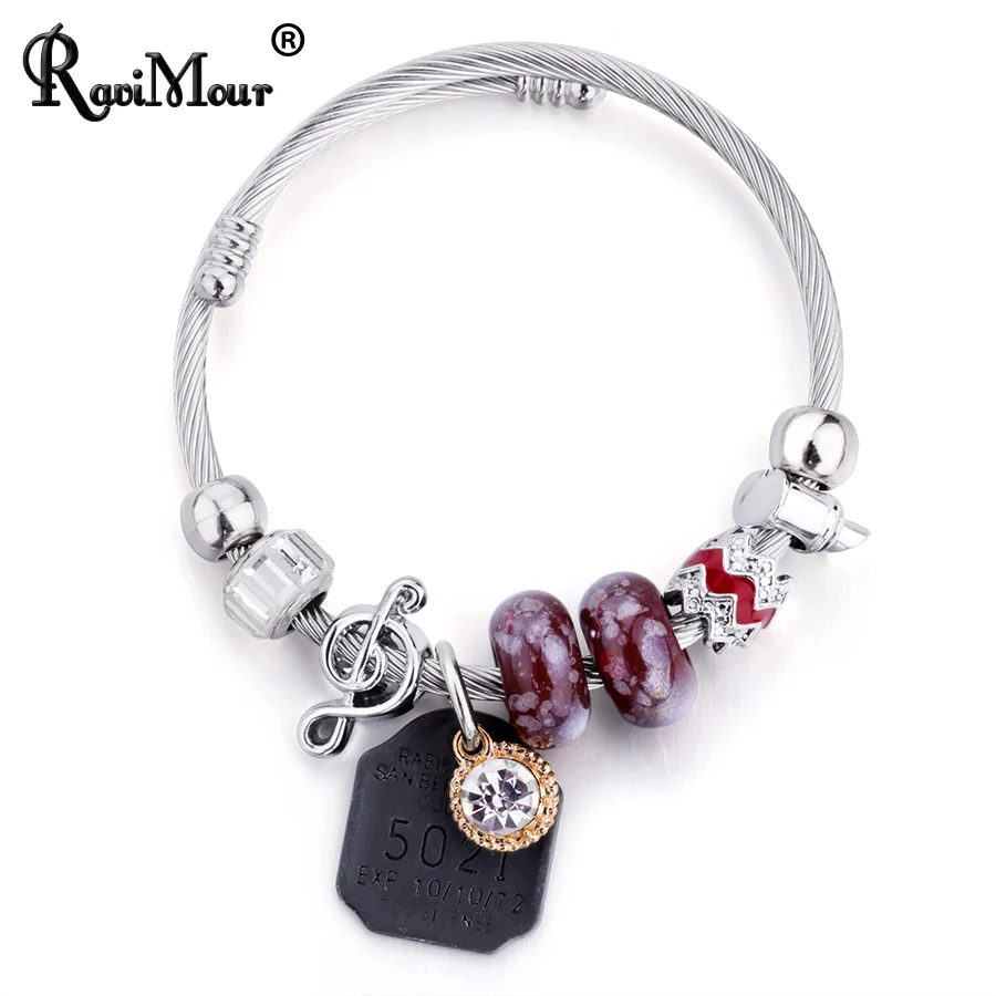 

RAVIMOUR Punk Cuff Bracelet Femme Silver Color Steel Chain Women Bracelets & Bangles Metal Bead Charms Love Pulseiras Jewelry