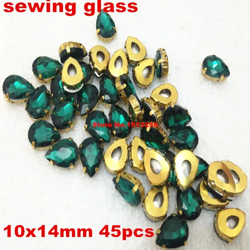 

45pcs/lot Green Zircon Color 10x14mm Pear Shape Crystal Fancy Stone with Gold Color Claw Setting Sew On Rhinestones / Beads