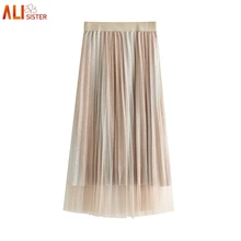 Новые Модные Бежевые черные женские тюлевые плиссированные юбки трапециевидной формы Корейская сетчатая миди юбка с высокой талией женские юбки