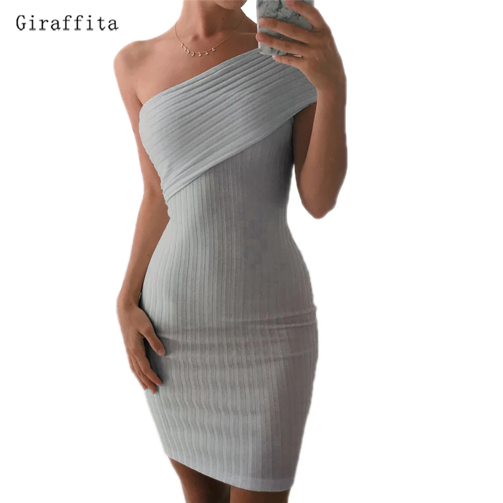 

2017 Giraffita New Sexy Slim Stretch One Shoulder Women Dresses Hip Solid Grey Knitted Mini Sheath Dress