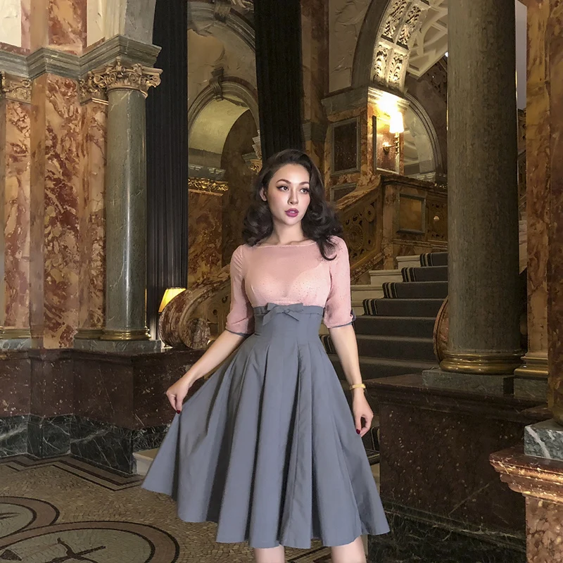 

Le Palais Vintage Retro Pink/grey Contrast High Waist Dress Slim Audrey Hepburn Vintage Women Retro Dress Party Vestidos