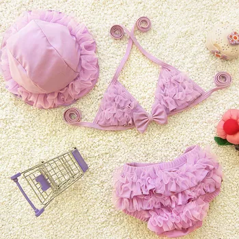 

Lace ruffle kids swimwear girls baby swimsuit toddler infant girl beach wear halter top panties hat children bowknot biquini set