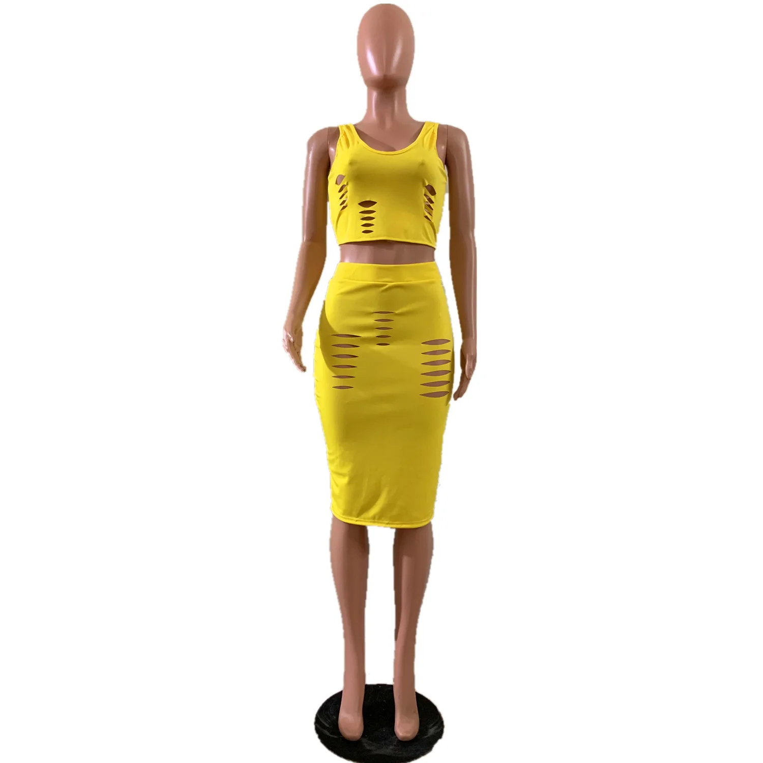 الجوف خارج مثير 2 قطعة مطابقة مجموعة ملابس الصيف للنساء يا الرقبة أكمام تانك الأعلى + Bodycon تنورة الصيف اثنين قطعة الزي