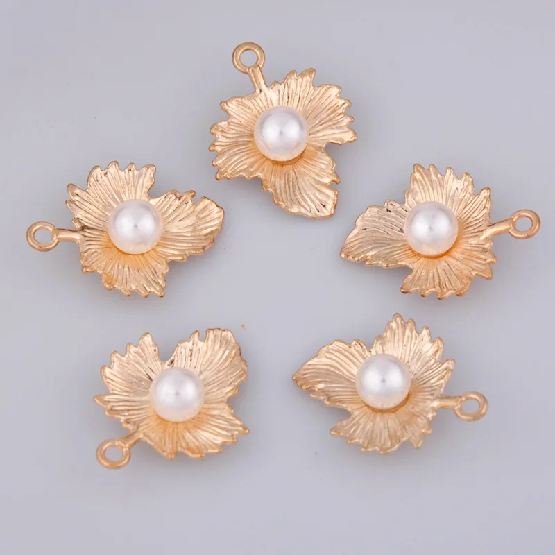 

10pcs 20X26mm Fashion gold pearl bead maple leaf charms, metal golden maple leaf pendants dangle for earrings jewelry making diy