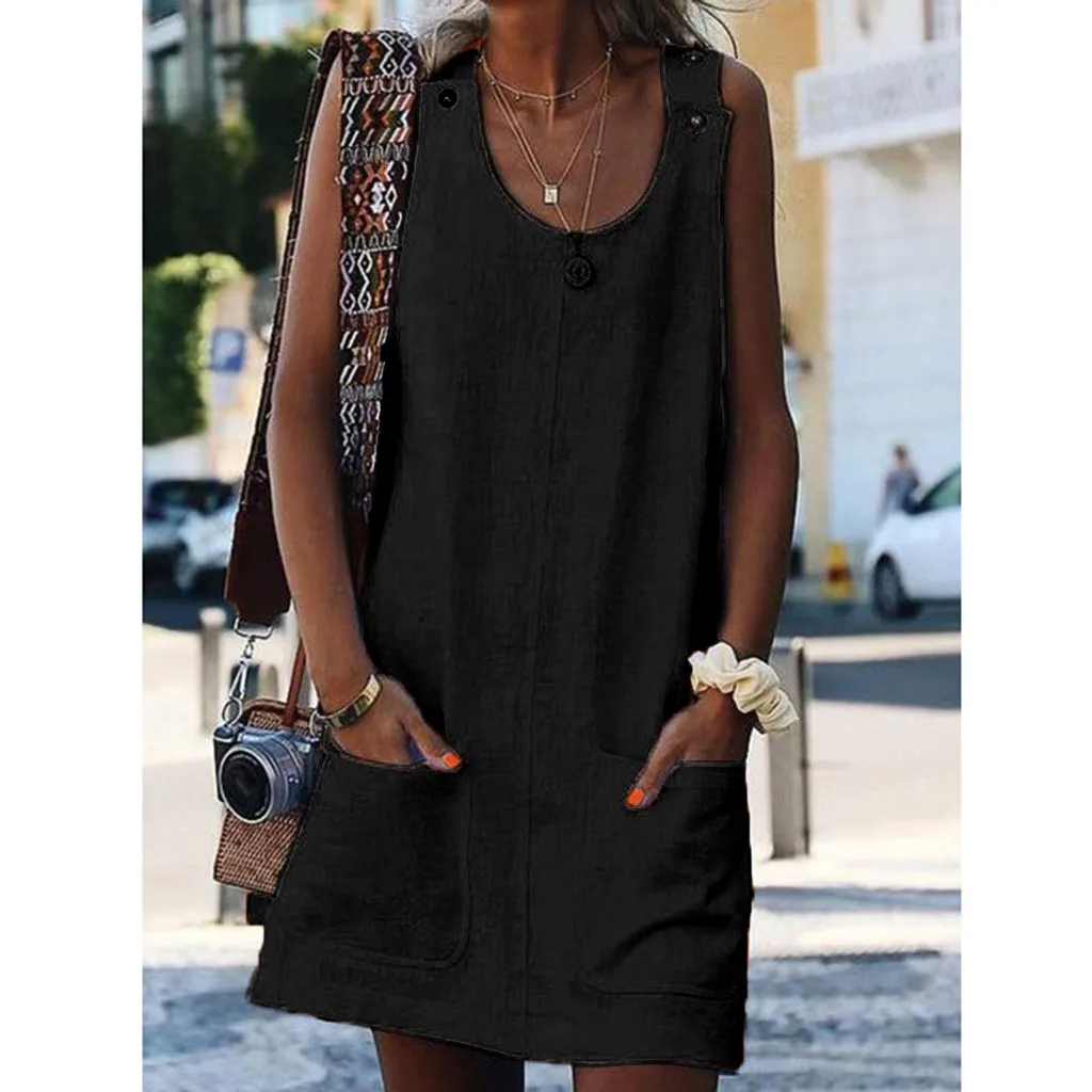 Dresses Crew Neck Casual Pockets Plus Size Women Dress Straight Loose Sleeveless Summer Straight Button Dress Sundress 5.22