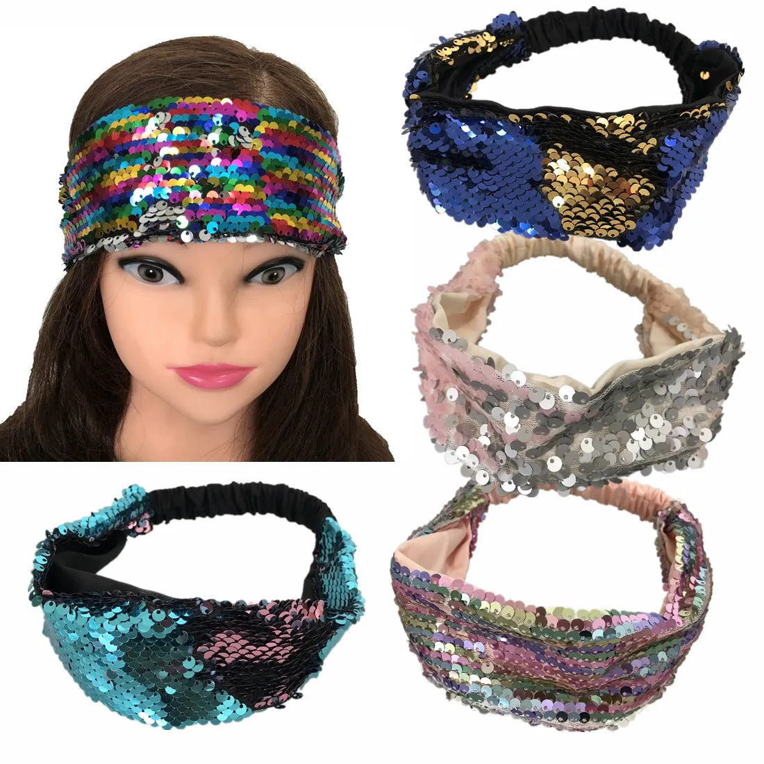 16pcs/lot Reversible Sequins Headbands Colorful Flip Sequin Turban