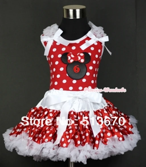 

Minnie Dots Tank Top with 6th Birthday Number Minnie Print with White Ruffles & White Bow & White Minnie Dots Pettiskirt MAMH073