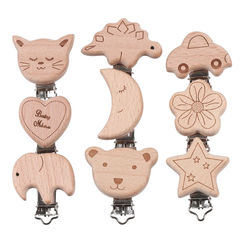 

1PCS Wooden Cute Pattern Nipple Pacifier Holder Star Car Bear Cat Funny Pacifier Clips for DIY Nursing Teether Chain