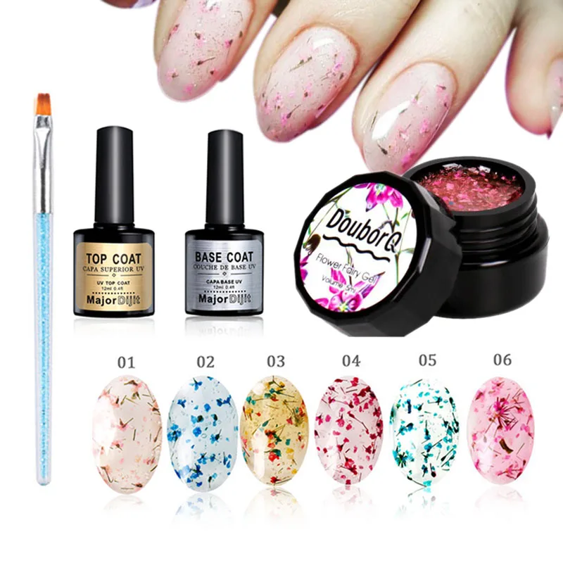 

9pc/lot Floral UV Gel With Nail Brush Base Coat &Top Coat Paint Dried Flowers Soak Off Manicure UV Nail Art Gel Glue Set