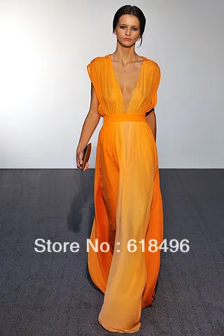 Handsome 2013 Custom Made Chiffon V Neck Pleated Orange Long Prom Dresses For fashion ladies | Свадьбы и торжества