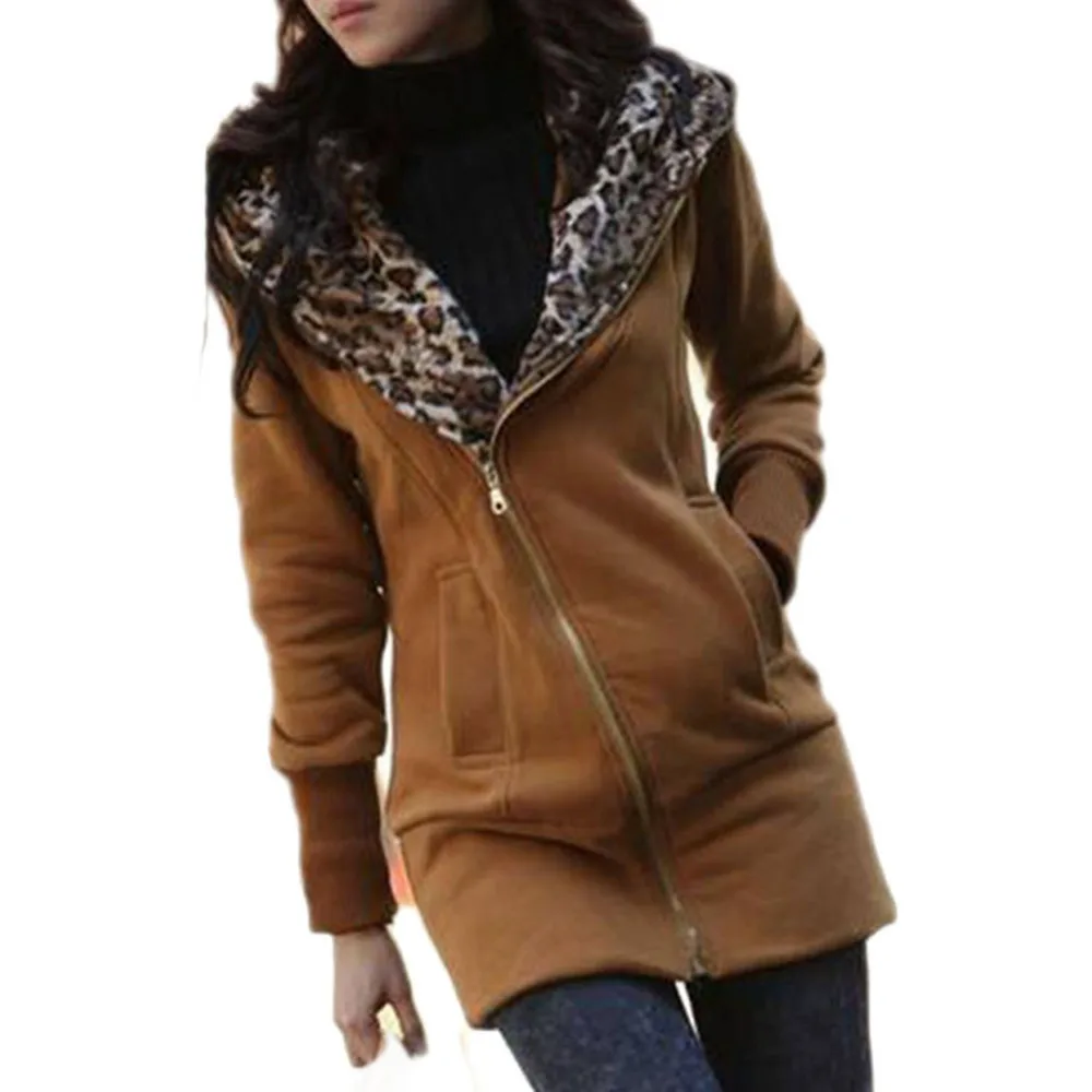 Женская осенняя и зимняя повседневная толстовка на молнии с капюшоном, Женская леопардовая куртка с длинным рукавом, пальто, теплый свитер