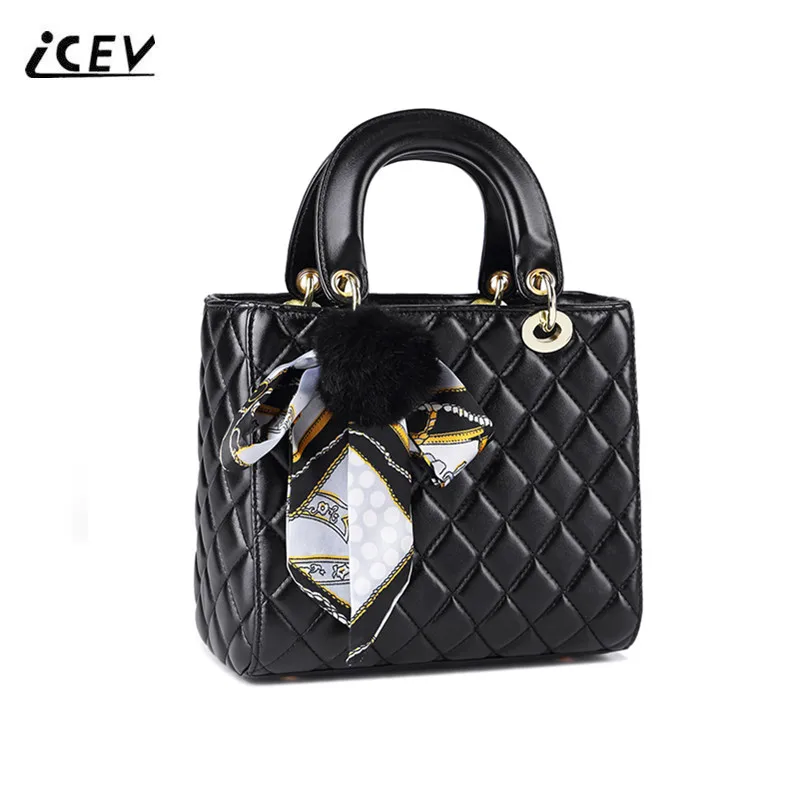 

ICEV New Fashion Women Leather Handbags Bags Handbags Women Famous Brands Cute Scarves Hairball Quilted Organizer Ladies Totes