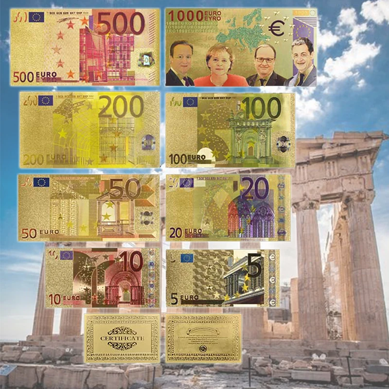 

Hot Sale Colorful Gold Banknote Euro Gold Plated Paper Money 8 Pcs Set Gold Foil Banknote with Certificate Card Worth Collection