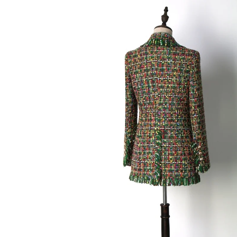 Высокое качество индивидуальные женские зеленые клетчатые твидовые пальто кисточкой двубортный средней длины пиджаки Y087