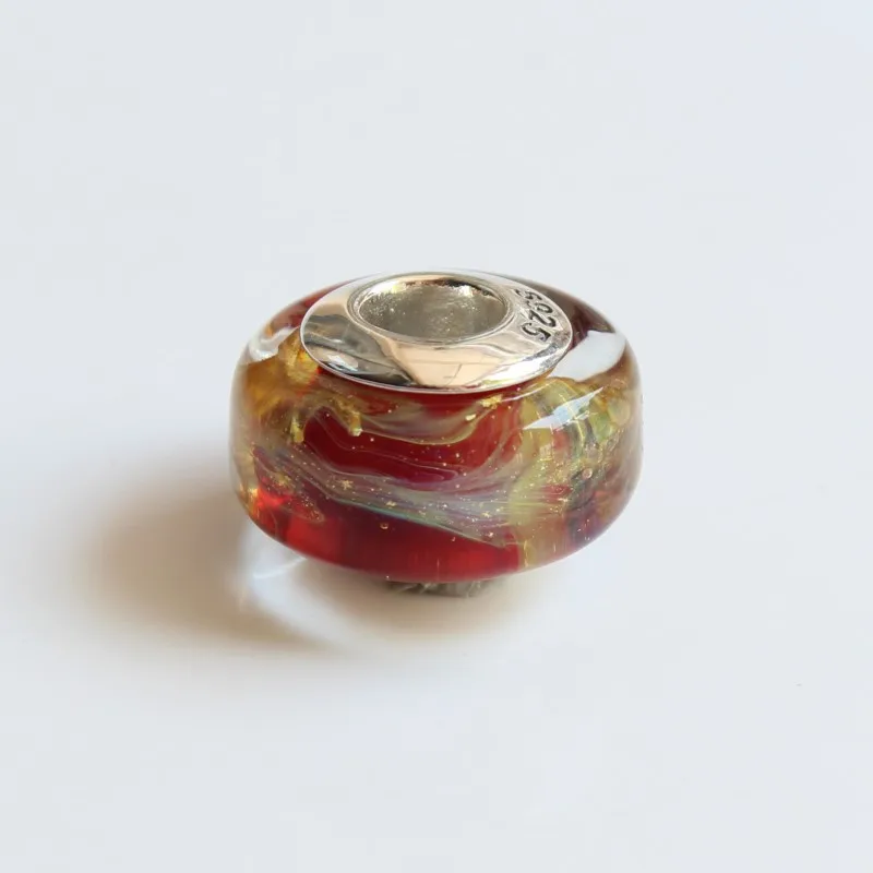 925 Sterling Silver Charm Beads A Drunken Golden Fan Glass Charms Bead Compatible Fit Troll European Brand Bracelet (4)