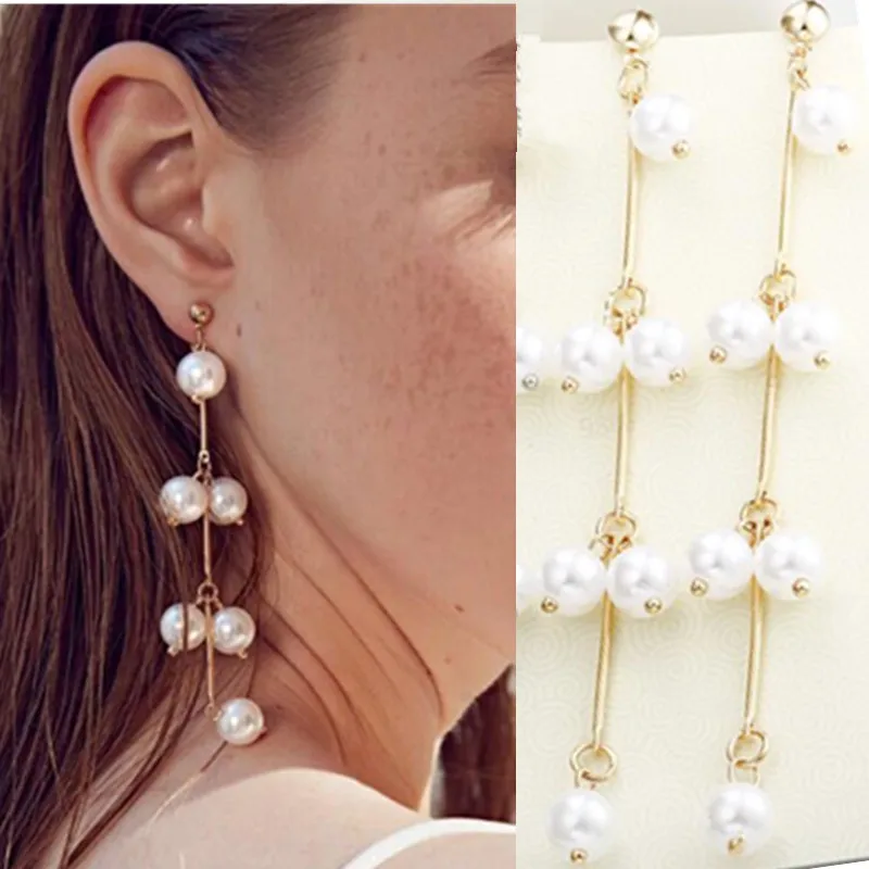 

Trendy Elegant Created Big Simulated Pearl Long Earrings Pearls String Statement Dangle Earrings For Wedding Party Gift