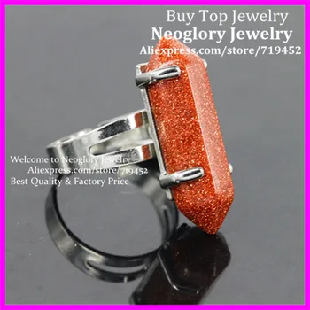 

10PCS Natural Golden Sand Adjustable Finger Rings Gems Stone Hexagonal Point Reiki Chakra Bead Ring Unisex Silver Plated