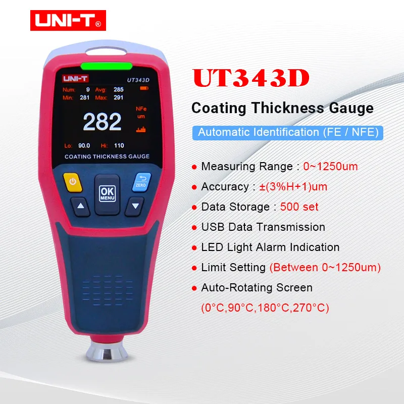 

UNI-T UT343D Coating Thickness Gauge 0~1250um 3-color LED and audio alarm ferrous and non-ferrous thickness gauge