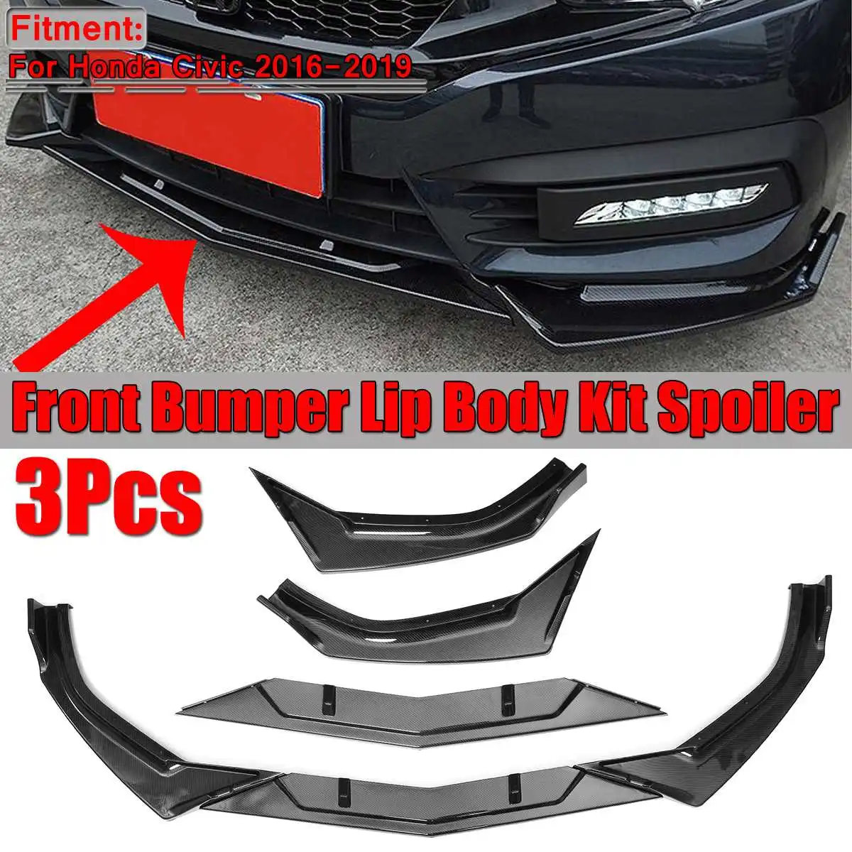 

High Quality 3pcs Car Front Bumper Lip Spoiler Diffuser Splitter Body Kit Cover Trim For Honda For Civic 2016 2017 2018 2019