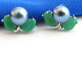 

hj 00763 8MM Black Flat Round Freshwater Pearl Green Jade Stud Earring