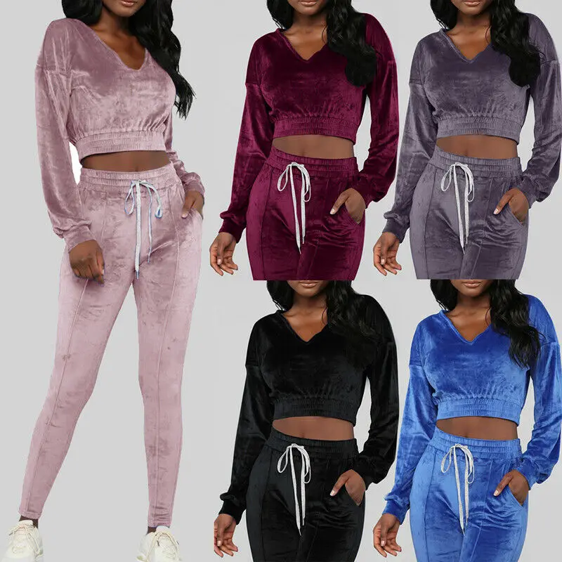 

Womens Jogging Tracksuit V Neck Sweatshirt Tops Pants Gym Sport Wear Casual Suit