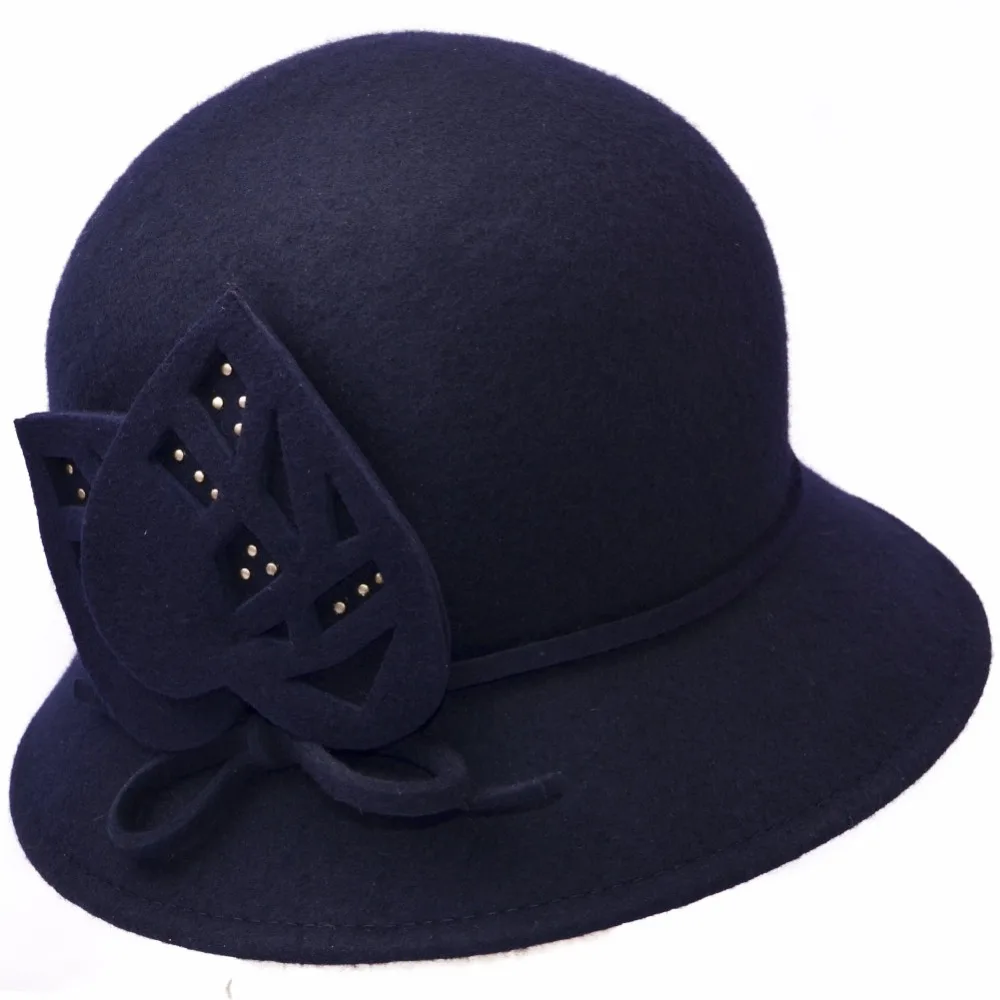 

Wool Felt Cloche with Cut-out Felt Trim & Rhinestones Women Winter 100% Wool Felt Hats Lady Party Formal Up-turn Brim W10-4390