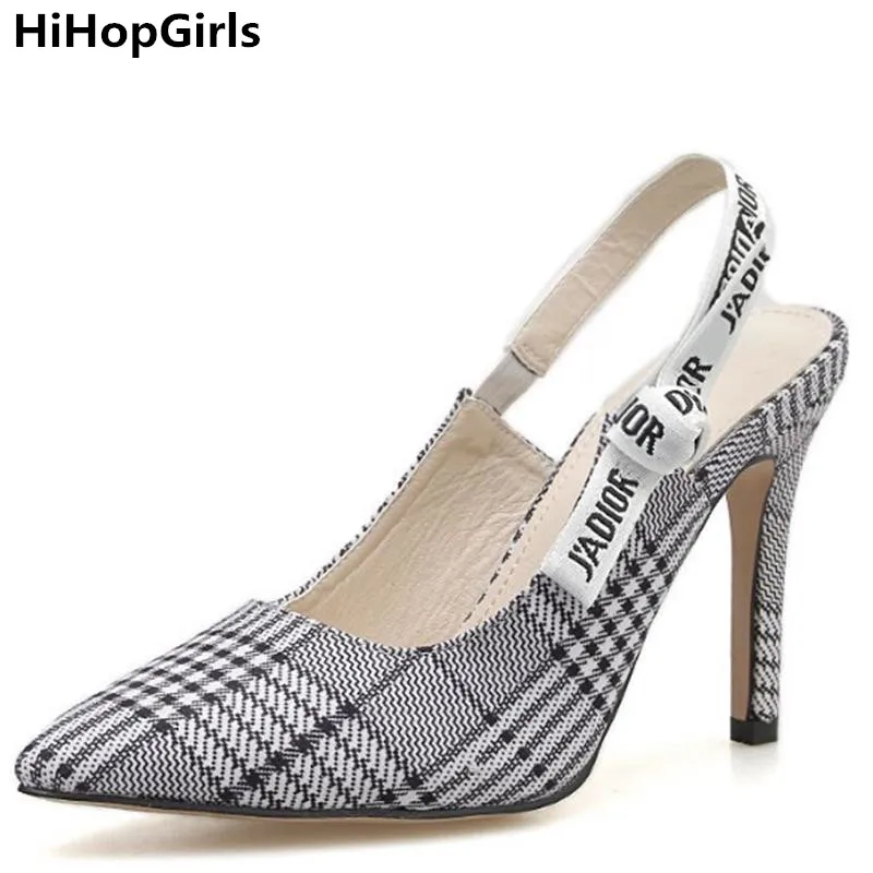 

HiHopGirls New Plaid Fabric Women High Heels Fashion Baotou Shallow Mouth Roman Shoes Spring Autumn Woman Banquet Dress Shoes