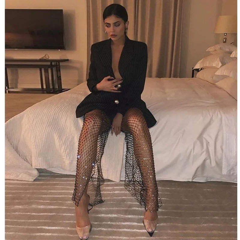 

Women Summer Beach Hollow Out Mesh Pants See Through Wide Leg Pant Sexy Bodycon Party Diamonds Pants Trousers Clubwear