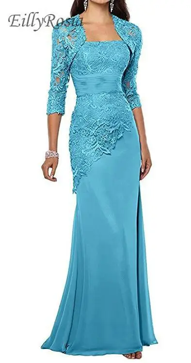 

Turquoise Lace Mother of the Bride Dresses with Jacket Appliques Three Quarter Long Sleeves Mermaid Mother's Evening Gowns