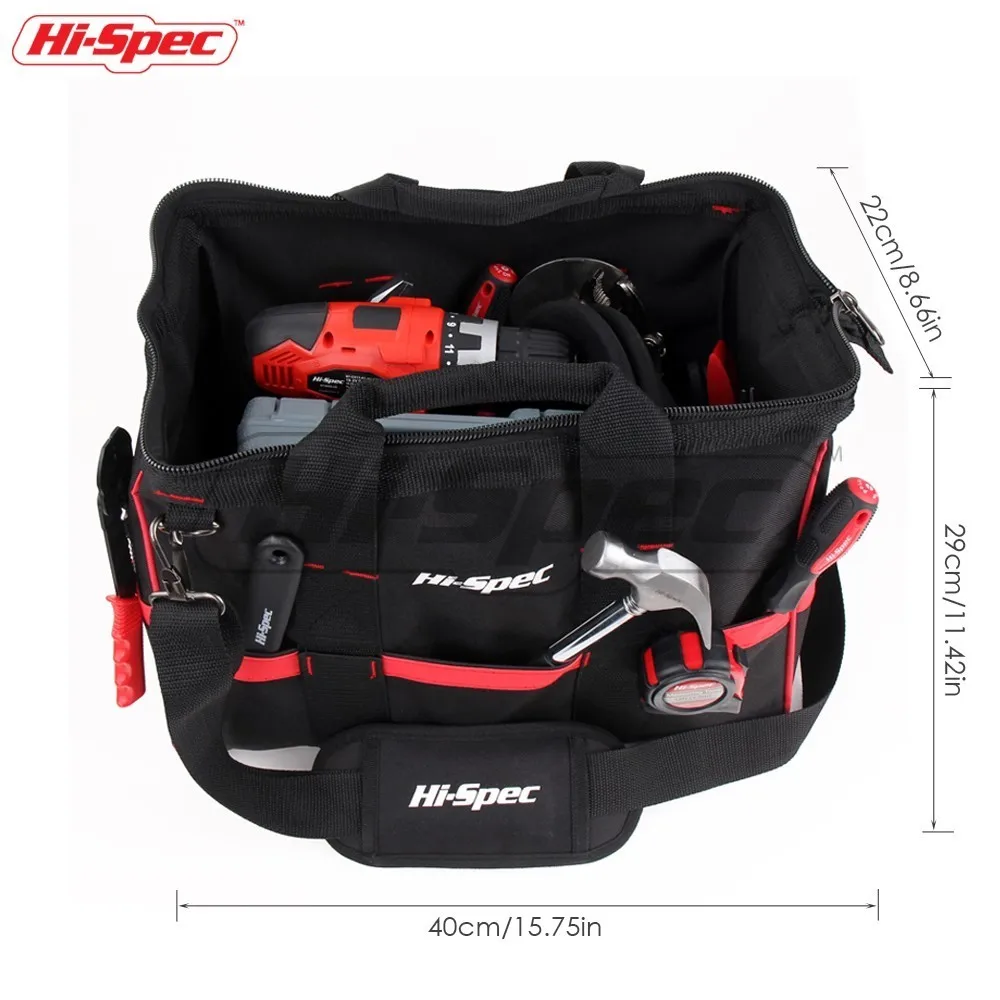 Hi-Spec 16 inch Adjustable Tool Bag Waterproof Travel Bags Large Capacity Tool Bags Wide Mouth Thick Base Strap Storage Bags