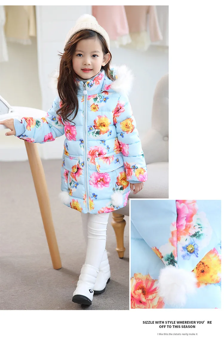 Baby Girls Coats Children's Thickening Hooded Warm Winter Jackets Coat floral hooded down feather long down Coats For Teenage 3-10Y kids clothing (11)