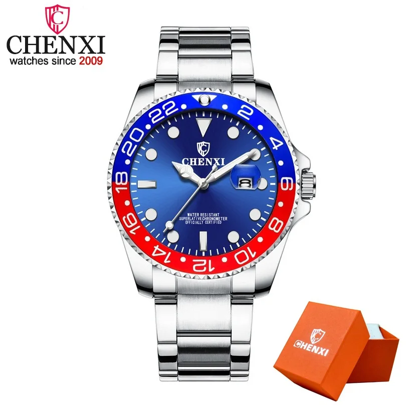 Relojes Hombre новые часы Мужские Роскошные Кварцевые часы CHENXI мужские наручные часы Лидирующий бренд Роскошные полностью стальные водонепроницаемые часы - Цвет: Silver Blue Red