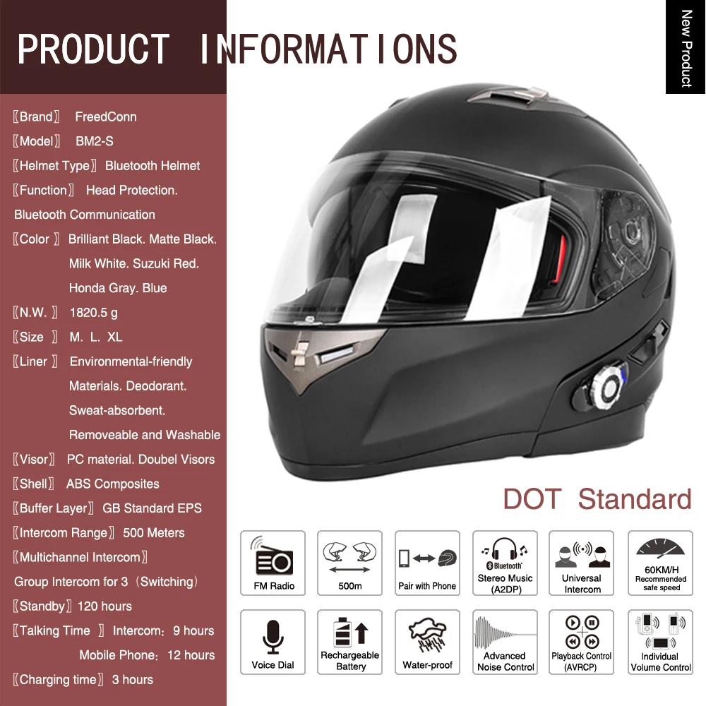  FreedConn Smart Bluetooth Motorcycle Helmet Built in Intercom Device Support 2 riders Talking 500m  - 32773227608