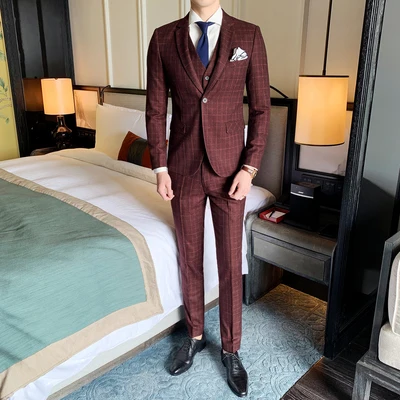 

Men Suits for Wedding Terno Masculino Mens Suit Vest With Pants 3 Pieces Men Slim Fit Red Plaid Costume Homme Groom Suits Traje