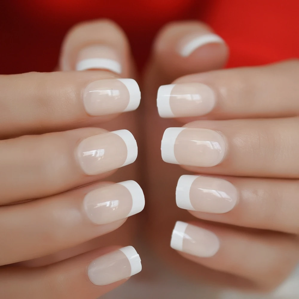 

White French Fake Nails Natural Nude Color Acrylic Nail Tips Square Medium Size Finger Manicure 24pcs/kit
