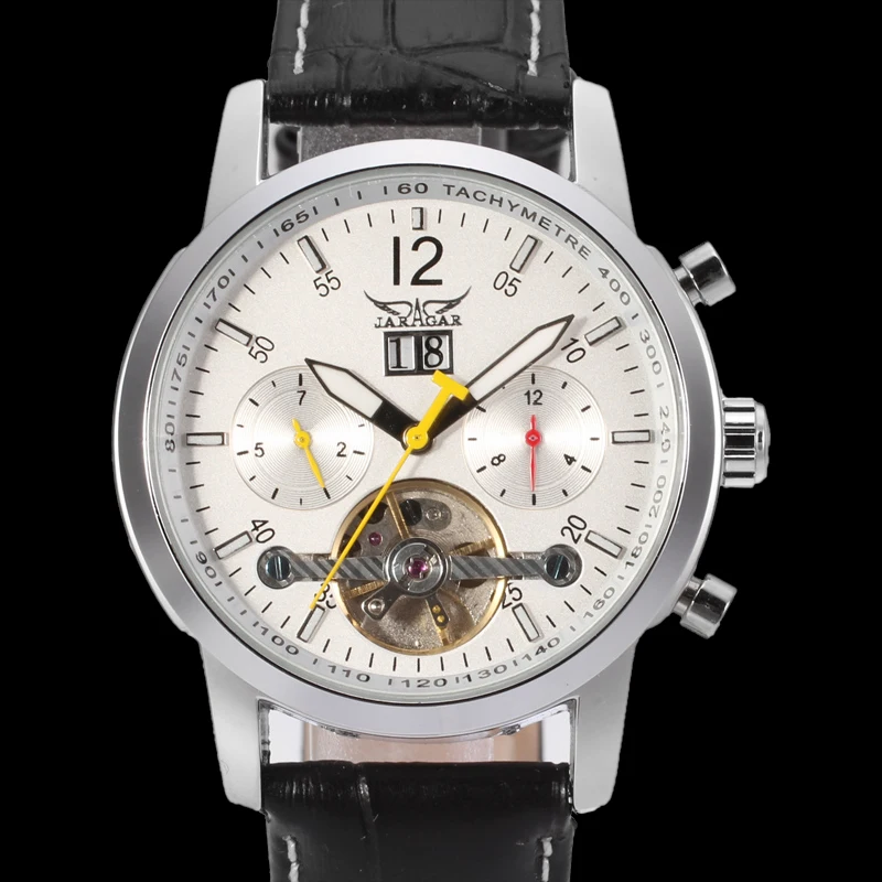 

Jargar Men's Watch Automatic Movement Tourbillion Genuine Leather Strap Analog Round Wrist Watch Color Silver