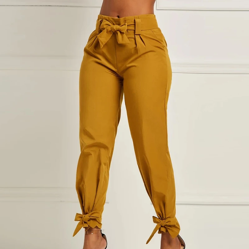 Elegant Women's Pants Silk-wadding Khaki Solid Casual Loose Pencil Work Slim High Waist Bow Fashion Hot New Pants With Belt