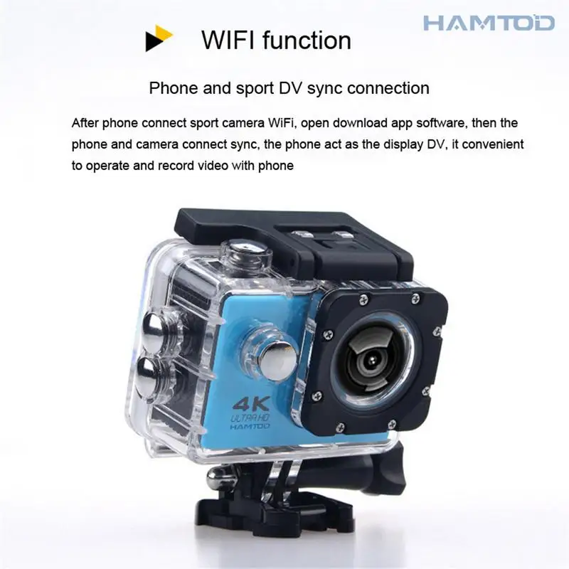 HAMTOD H9A pantalla LCD de 2,0 pulgadas HD 4 K WiFi cámara de movimiento lente gran angular de 120 grados con funda impermeable